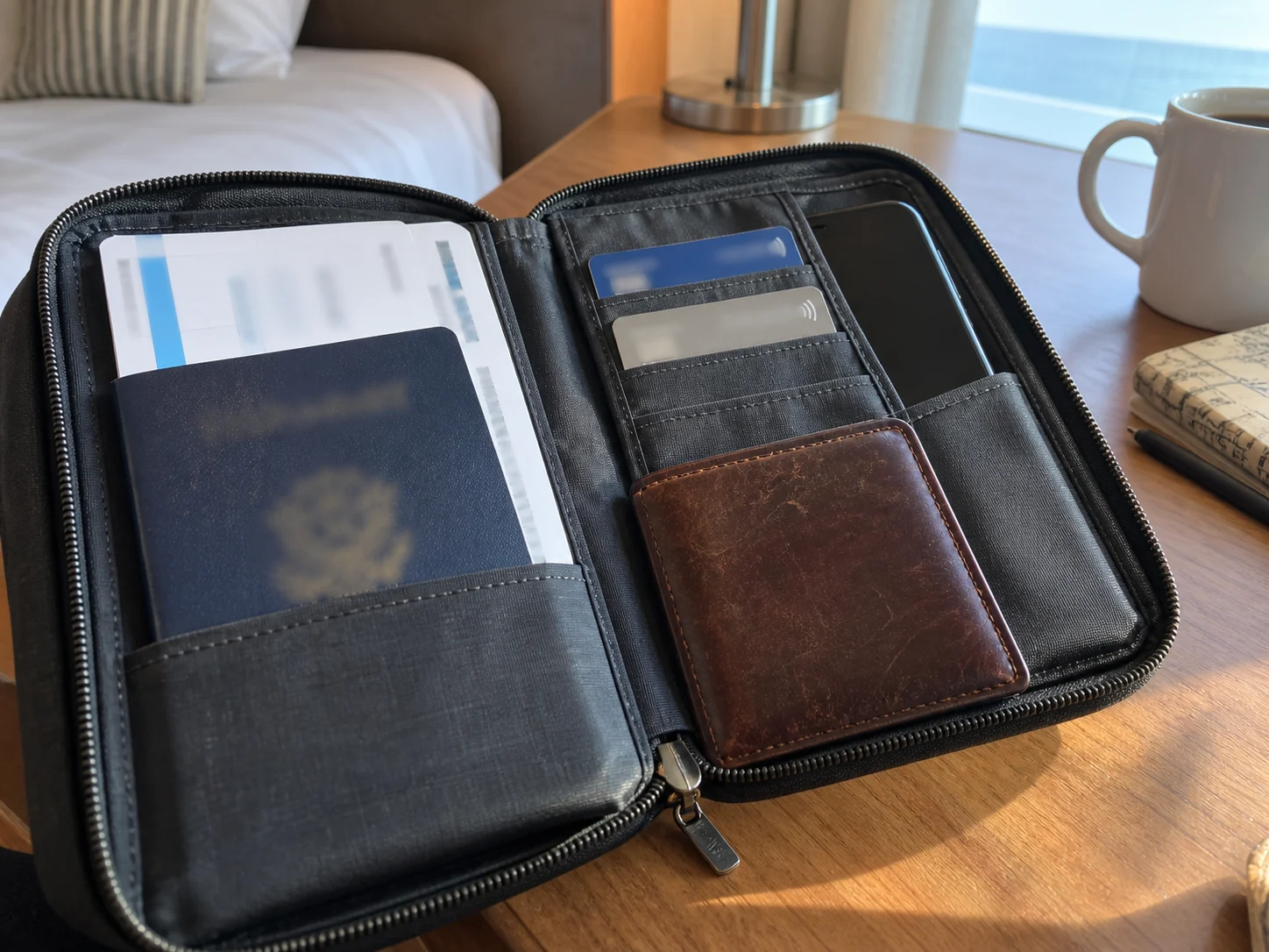 Passport, cruise documents, wallet, and phone organized in a small travel pouch