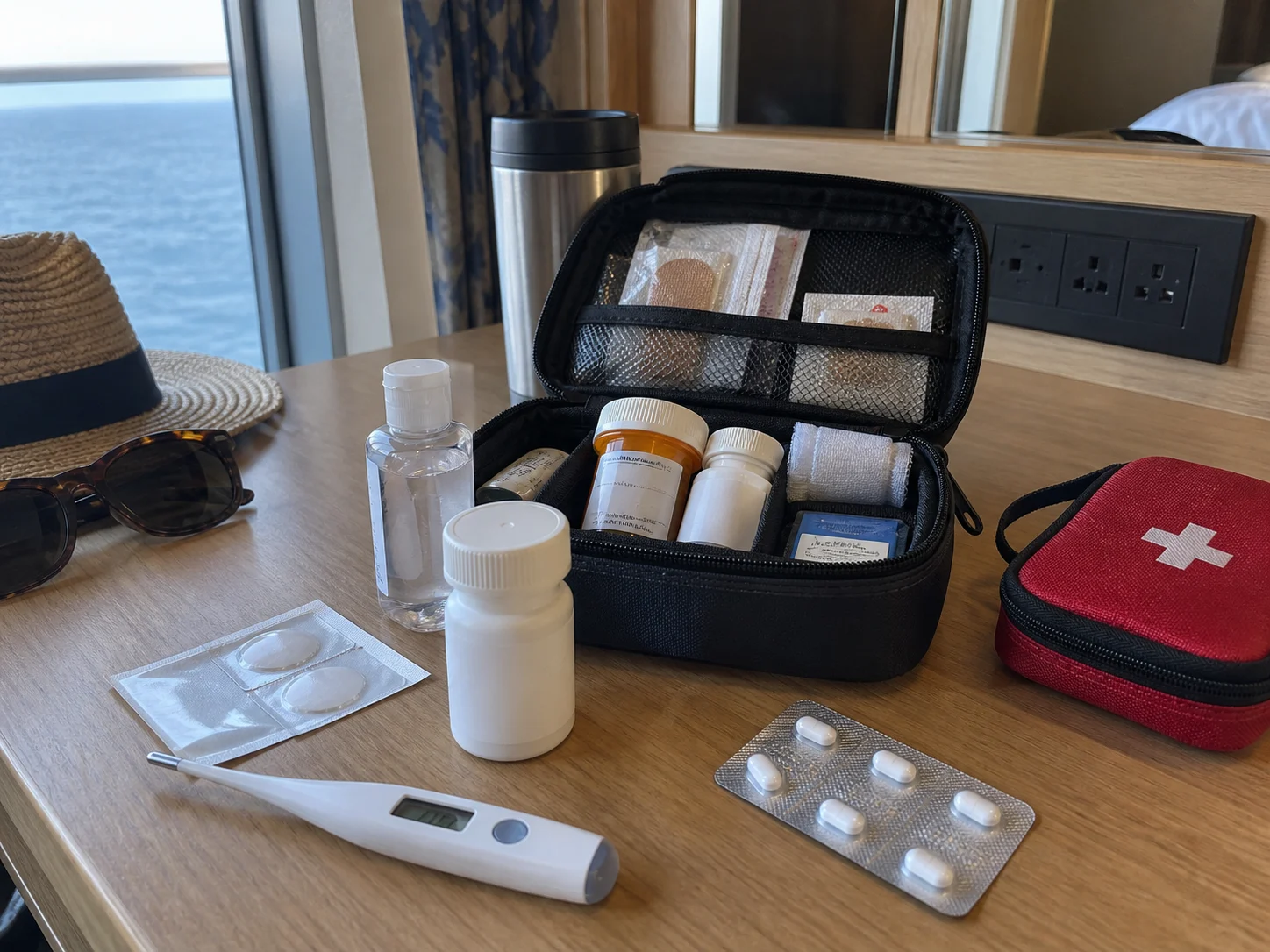 Compact cruise health kit with labeled everyday supplies and prescription containers