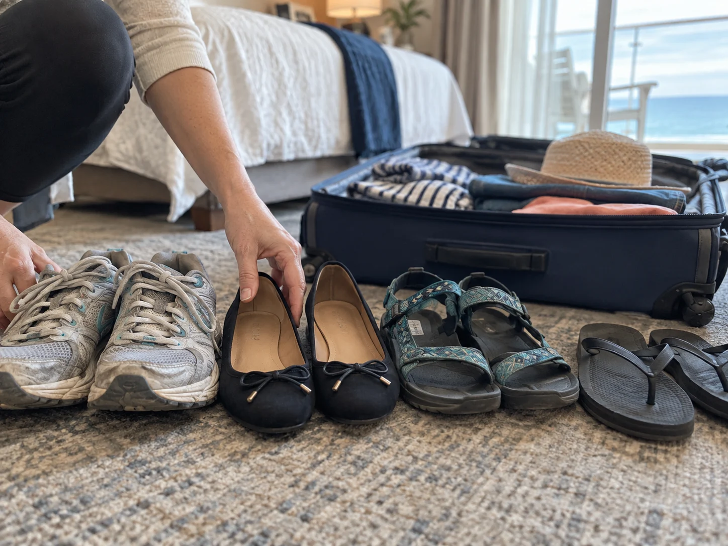 Four practical pairs of cruise shoes arranged beside an open suitcase