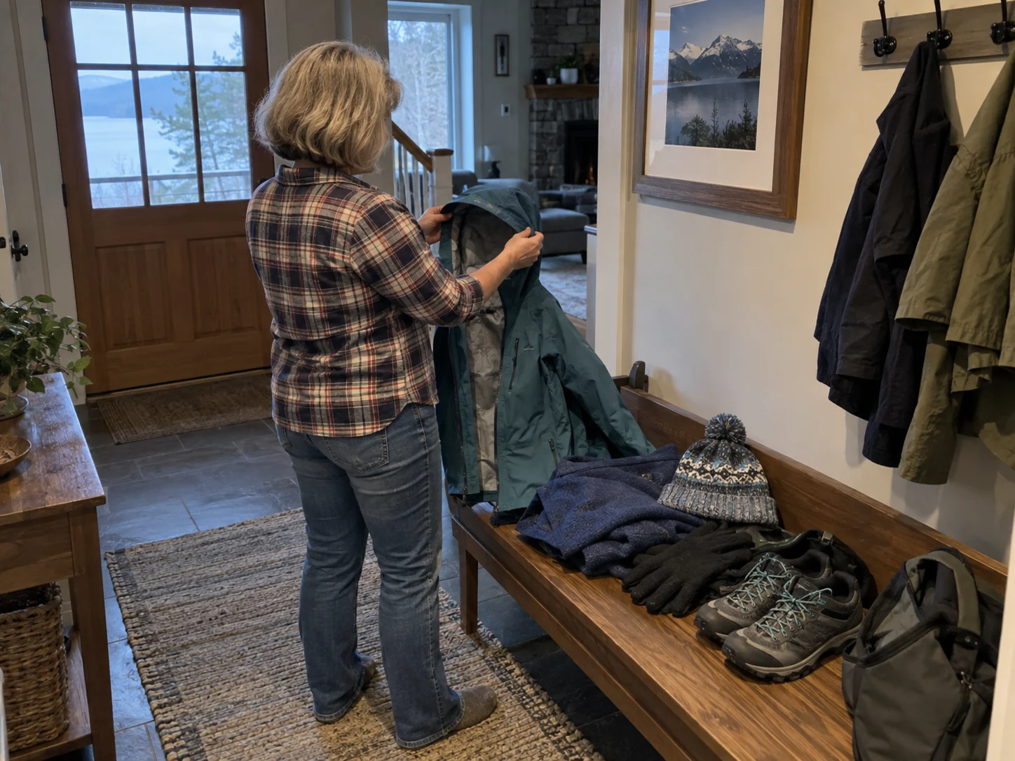 Woman checking layered rain gear, fleece, knit hat, and hiking shoes for an Alaska cruise