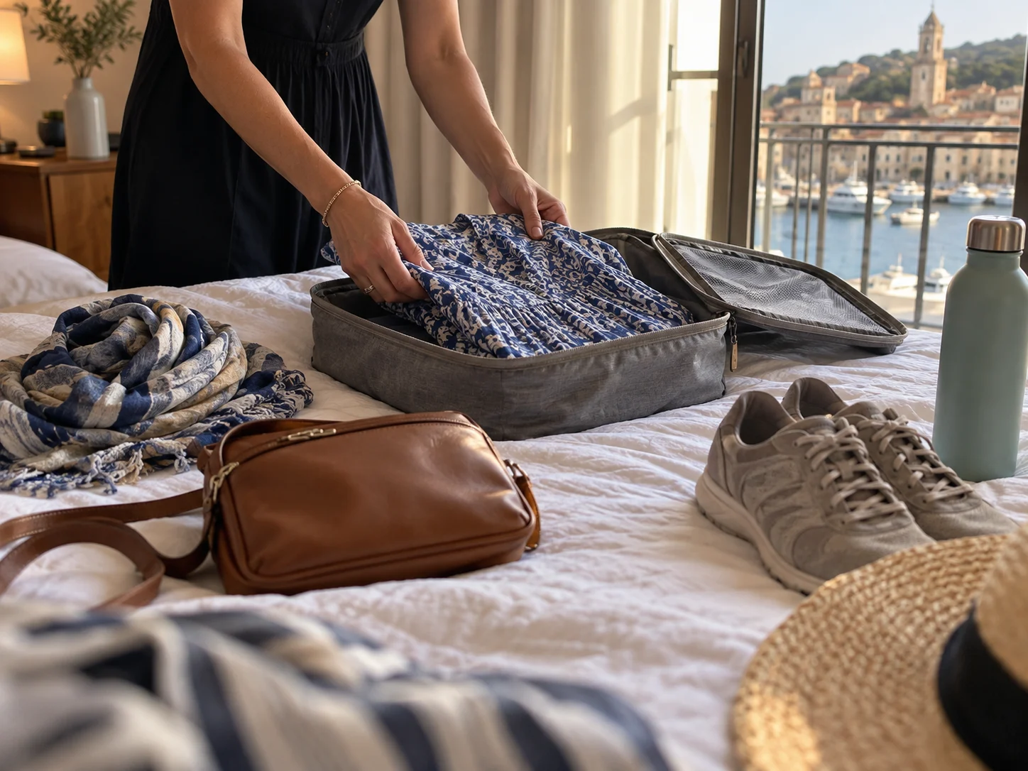 Woman packing a lightweight dress, walking shoes, scarf, and crossbody bag for European ports