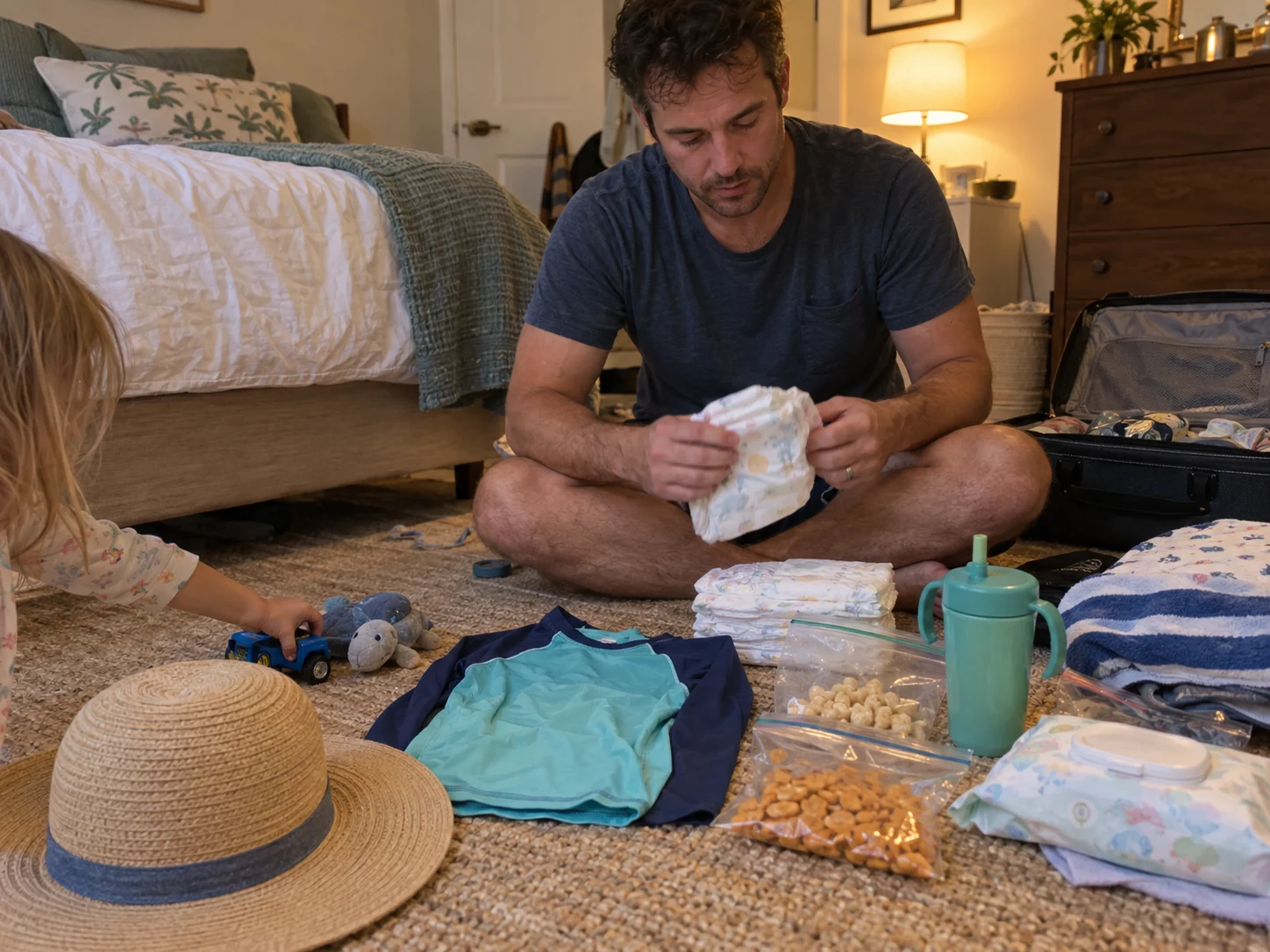 Parent organizing compact child cruise supplies including sunhat, snacks, swimwear, and small toys