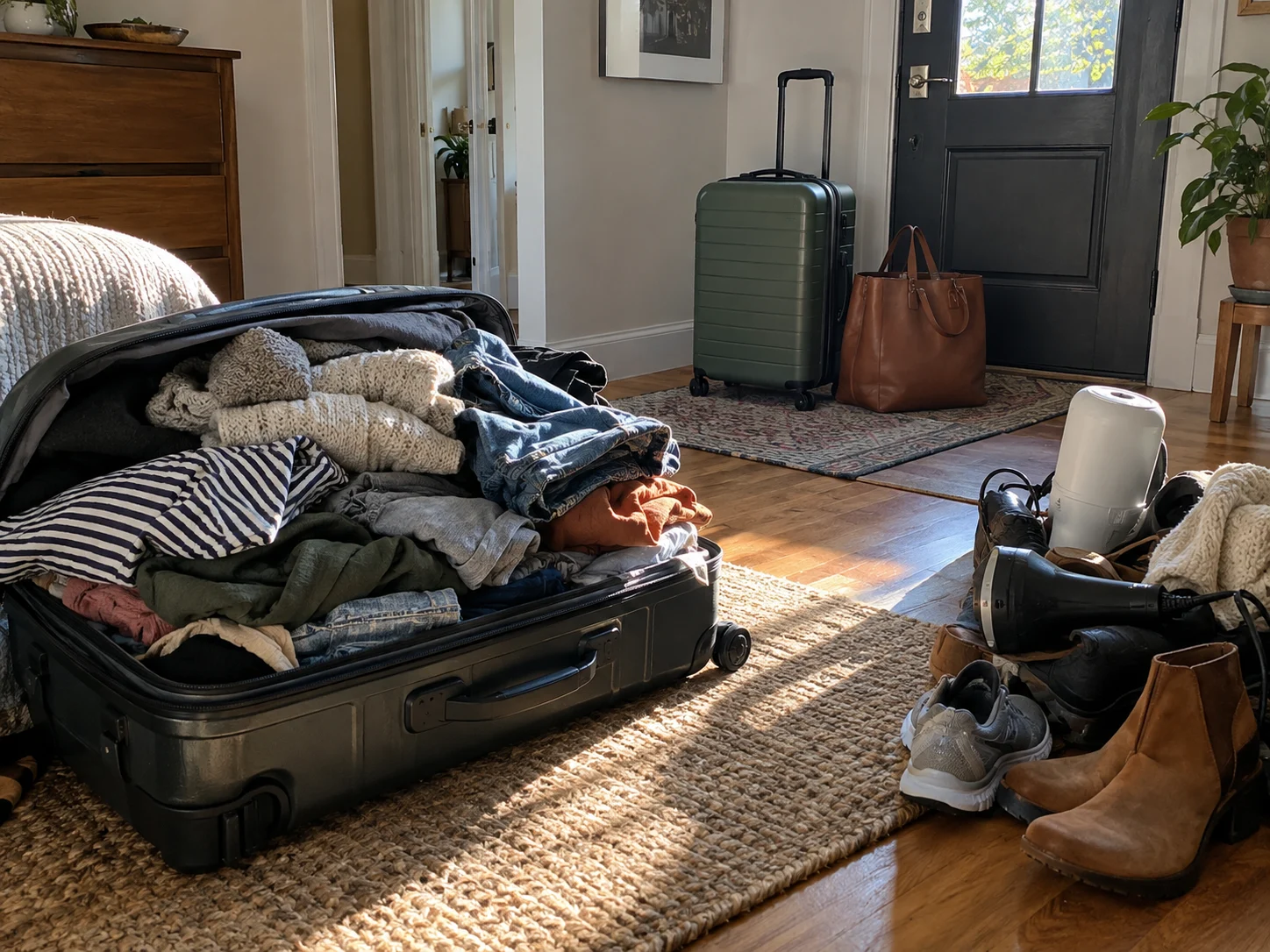 Overstuffed suitcase beside a smaller neatly packed suitcase showing what not to bring on a cruise