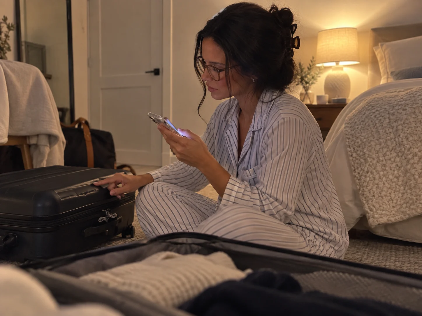 Traveler completing a final cruise packing checklist beside zipped luggage and a carry-on