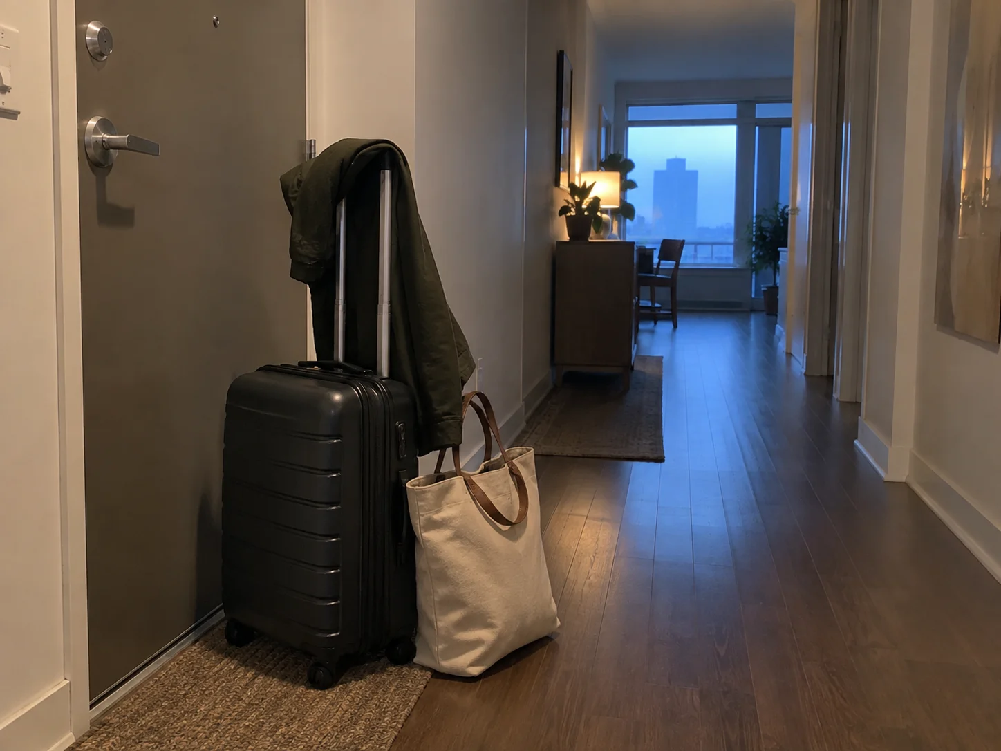 One compact suitcase and personal item ready by the door for a cruise