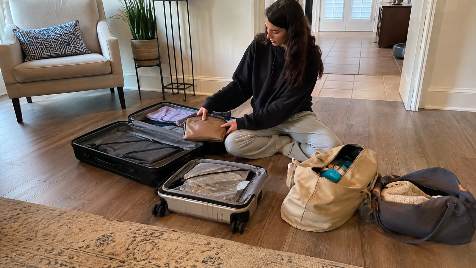 Woman sorting an open suitcase and several travel bags on the floor.
