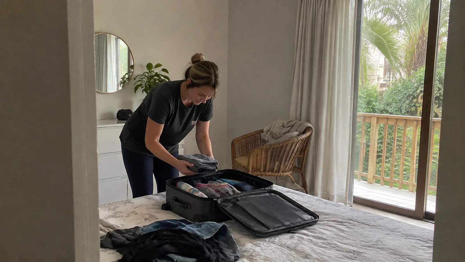Woman arranging folded clothing inside a suitcase on a bed.