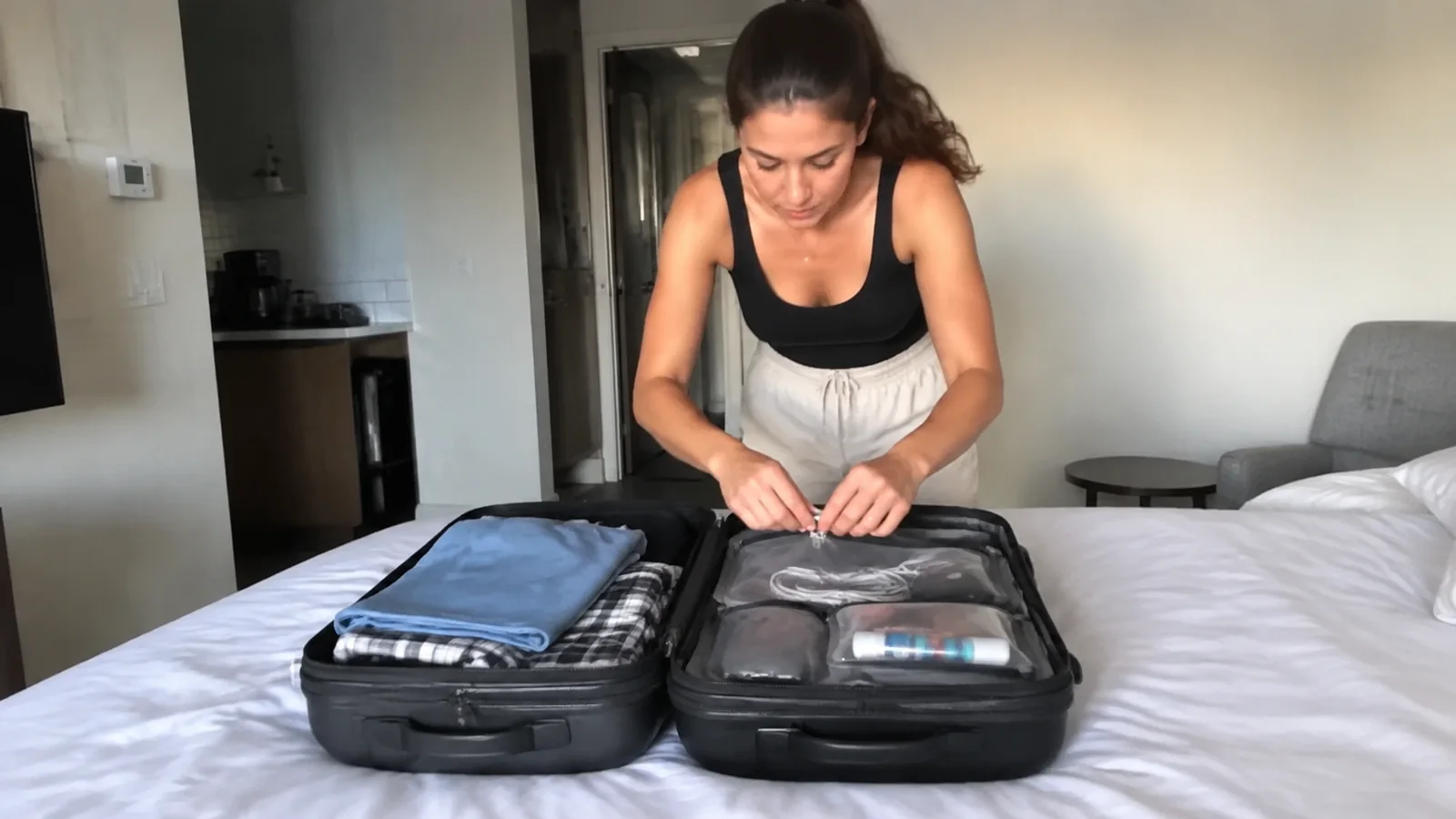Woman closing a packing cube inside an open suitcase.