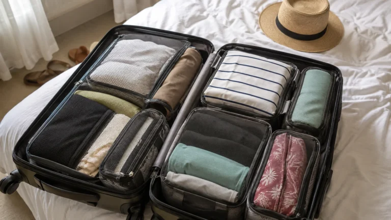 Open suitcase organized with packing cubes and folded clothes.