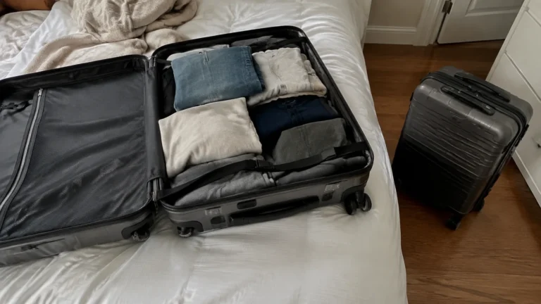 Folded clothes organized inside an open suitcase on a bed.