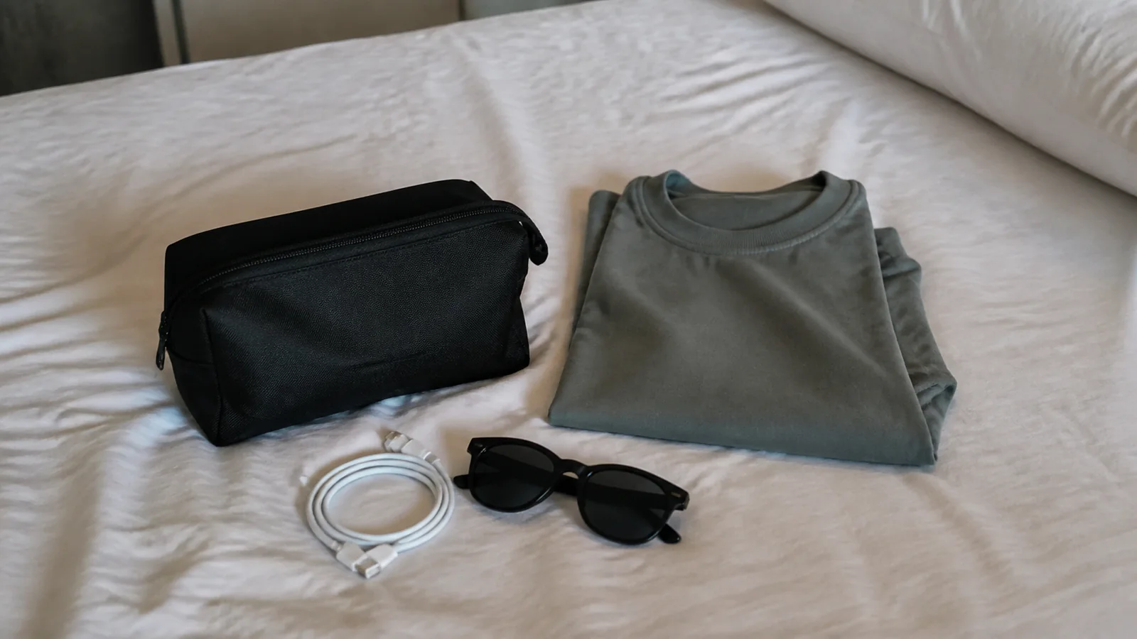 Toiletry pouch, folded shirt, charging cable, and sunglasses lie on a bed.