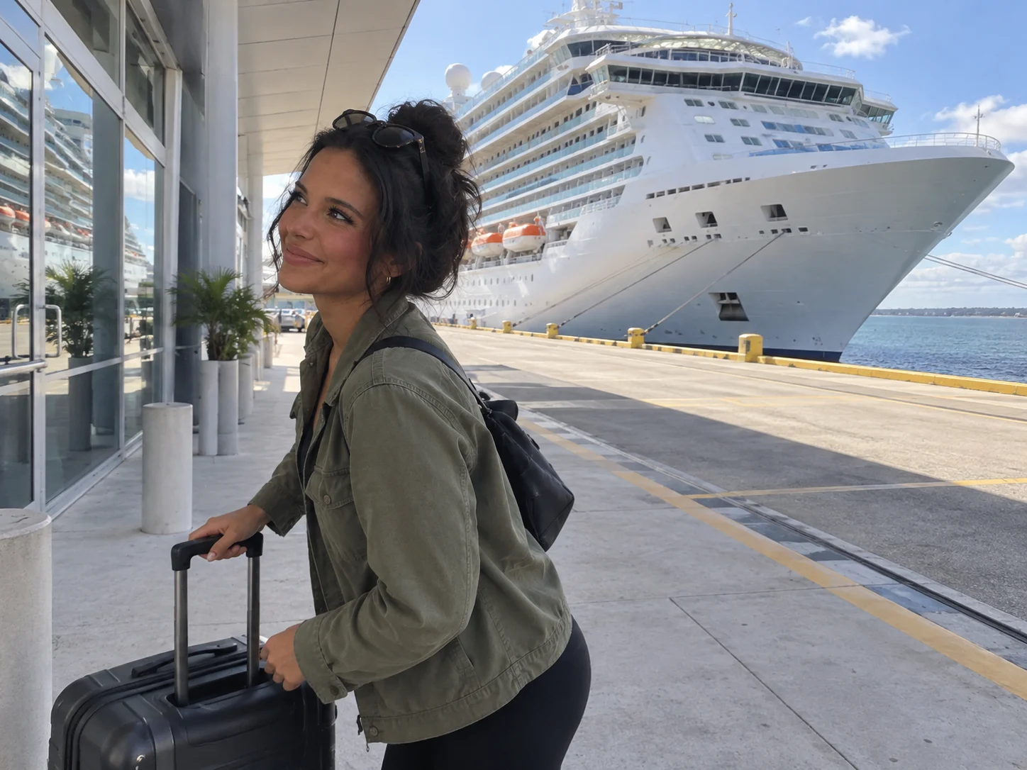 Ellie frames a cruise ship behind her outside the terminal before embarkation.