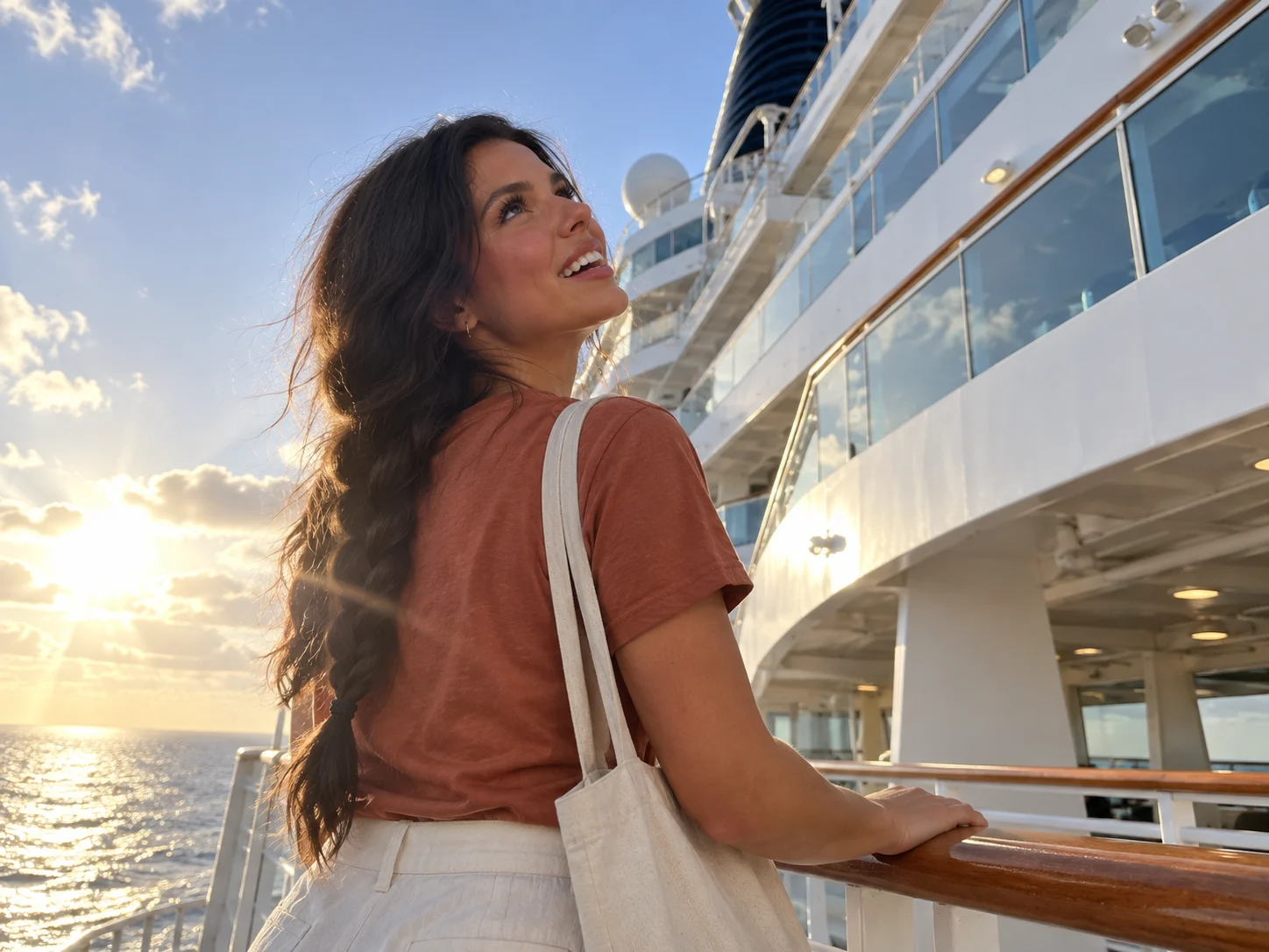 Ellie looks up at the towering cruise ship during her first approach.
