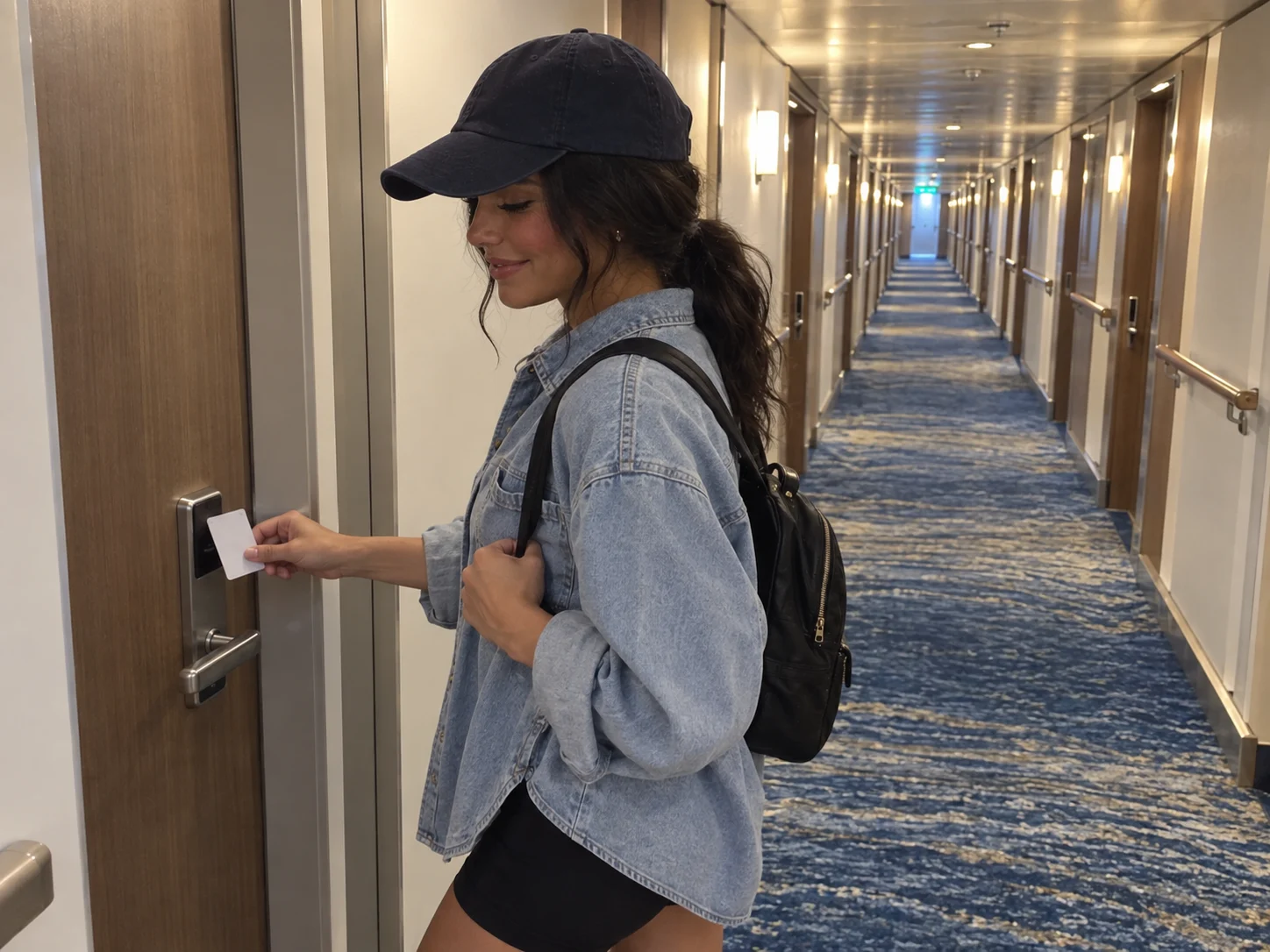 Ellie stands beside her cruise cabin door while keeping the corridor clear.