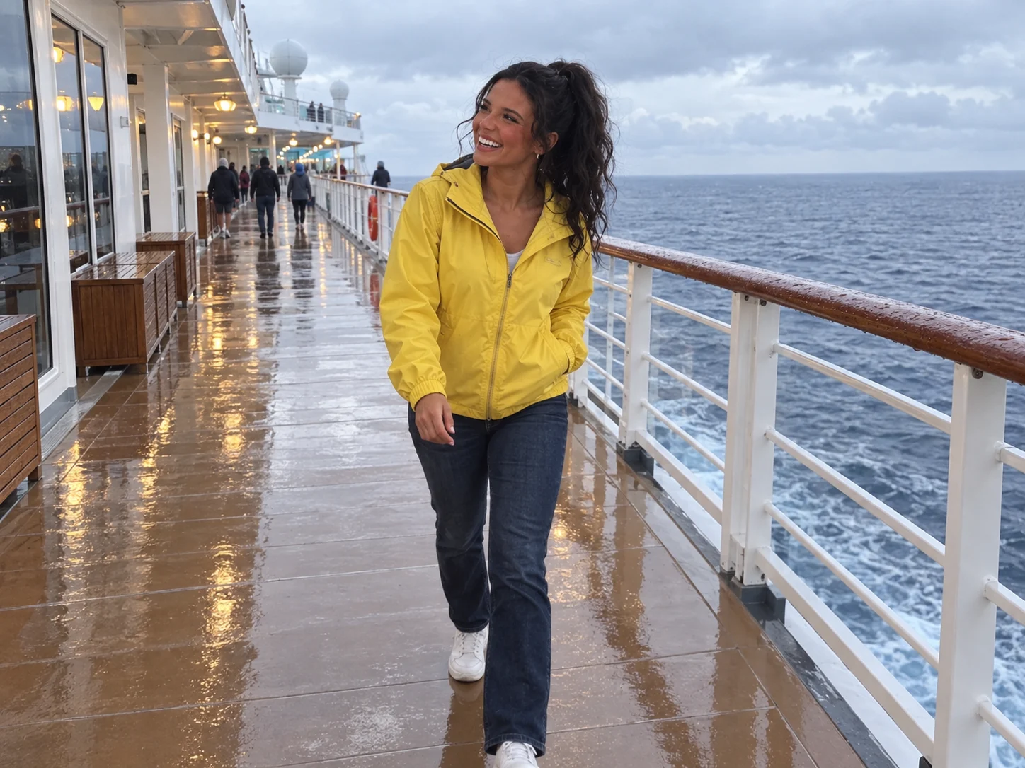 Ellie walks toward the camera on a quiet cruise promenade.