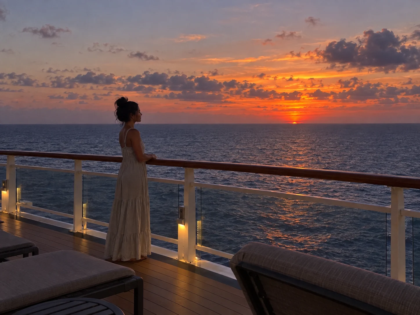 Ellie's silhouette stands against the colorful sky after sunset at sea.