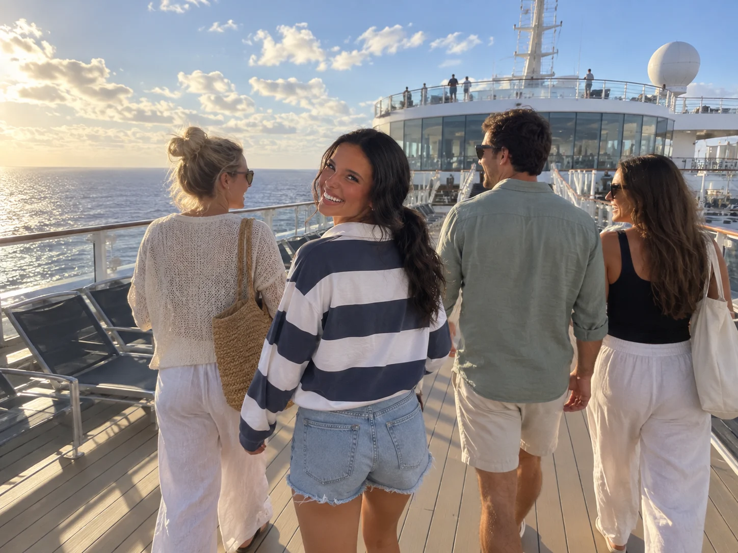 Ellie and friends walk together toward the ship's observation deck.