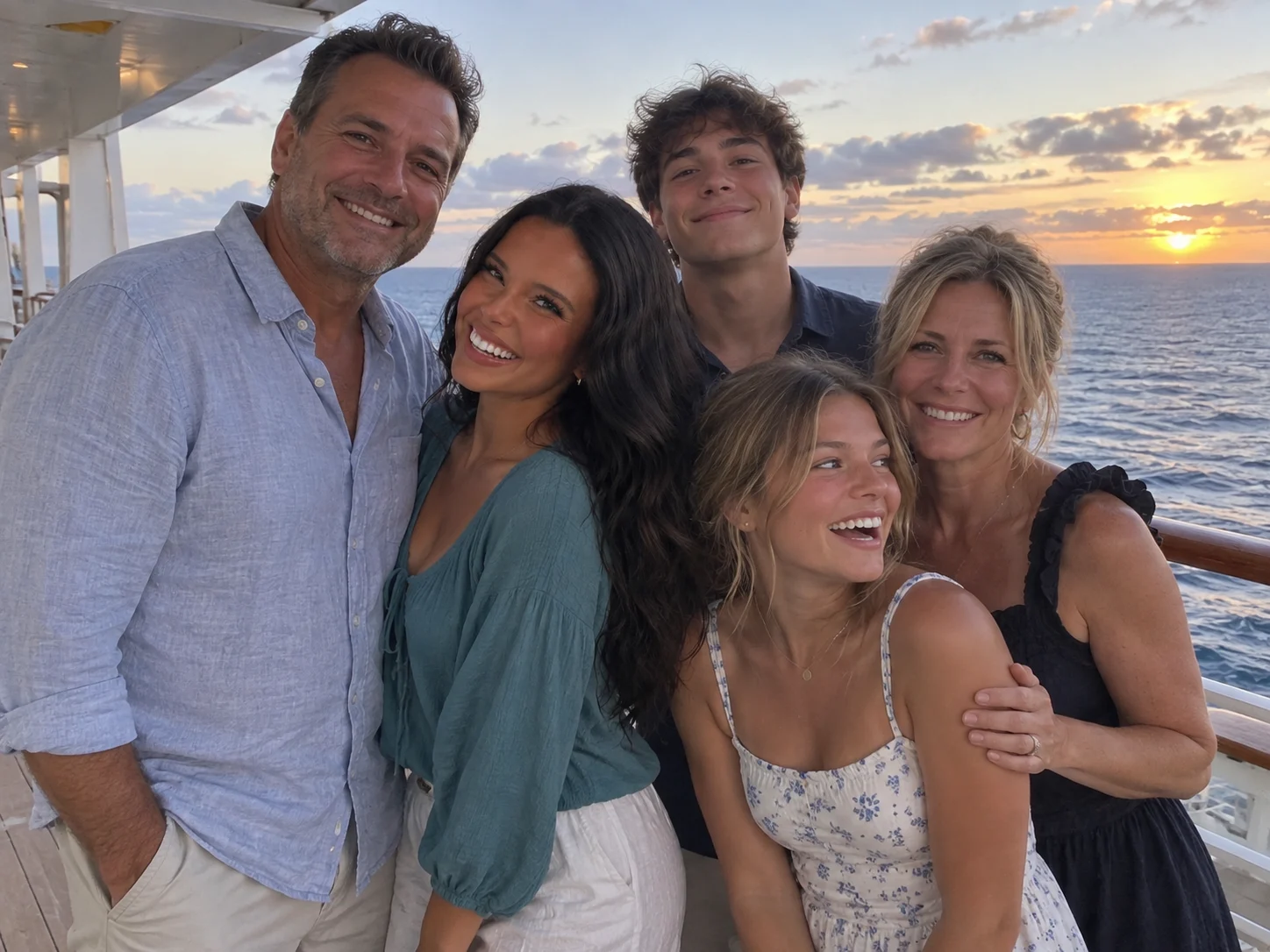 Ellie poses with family members in a relaxed staggered arrangement on deck.