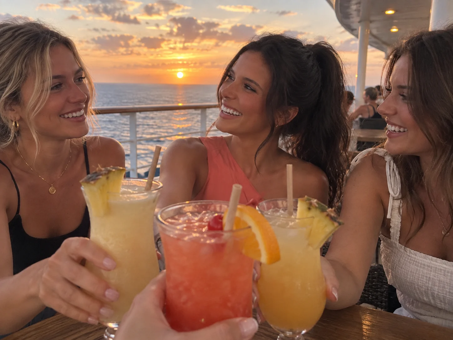 Ellie and friends raise colorful drinks for a toast before taking a sip.
