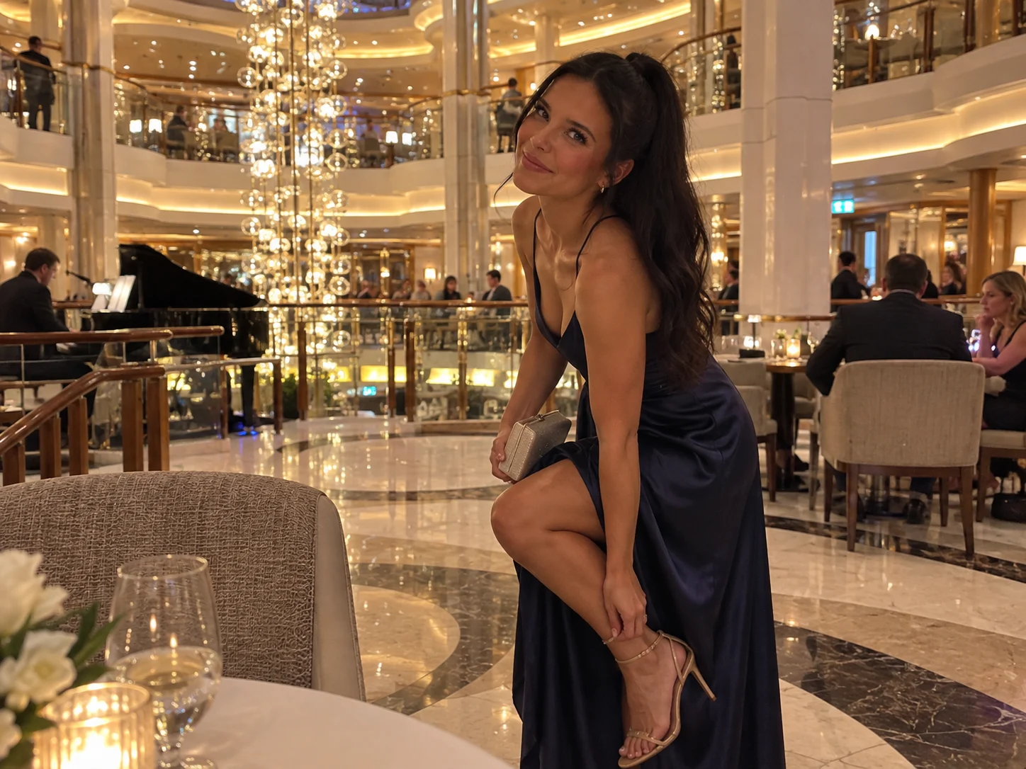 Ellie poses on an elegant staircase before formal-night dinner.