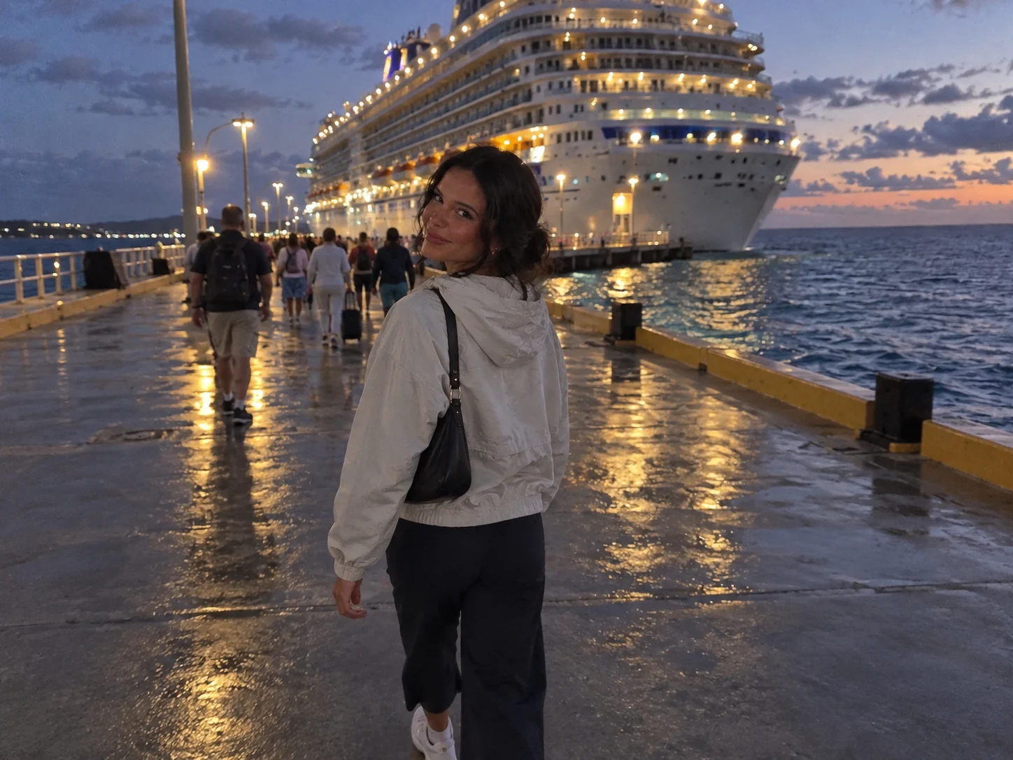 Ellie walks back toward the illuminated cruise ship at blue hour.
