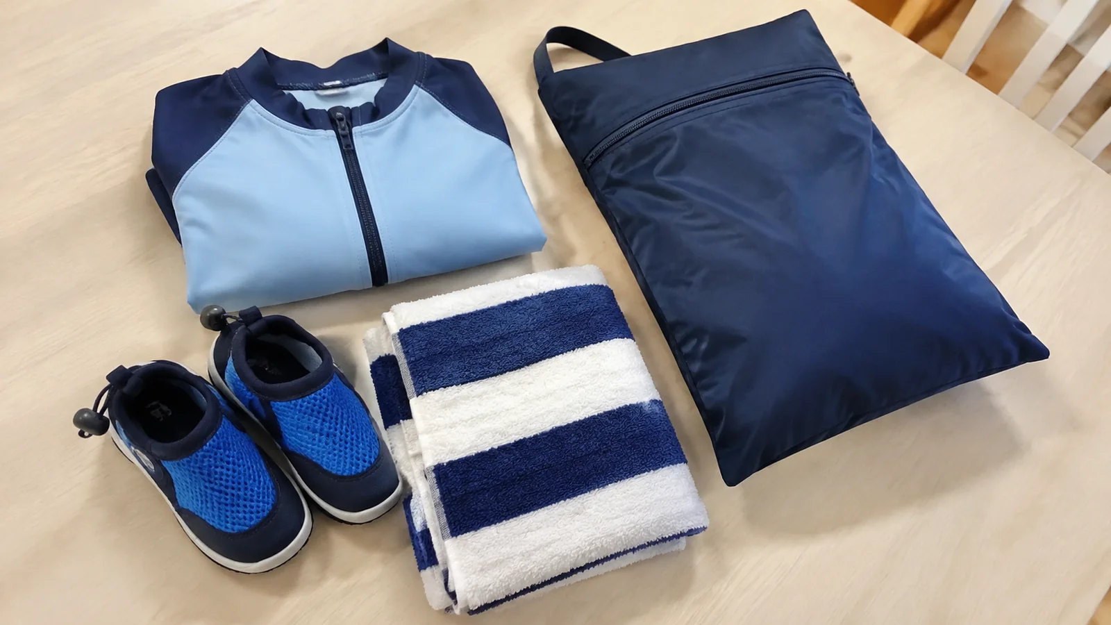 Children's swimwear, water shoes, and a striped towel neatly arranged on a bed.