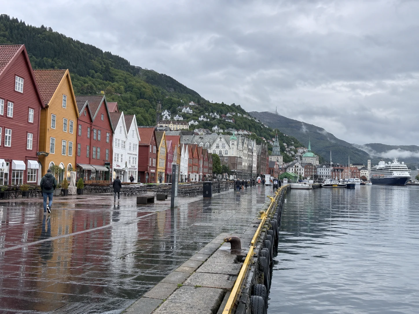 Colorful Bryggen buildings line the harbor beneath green mountains in Bergen, Norway.