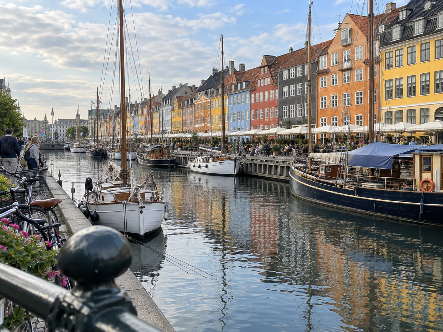Colorful townhouses, canal boats and bicycles line Copenhagen's Nyhavn waterfront.