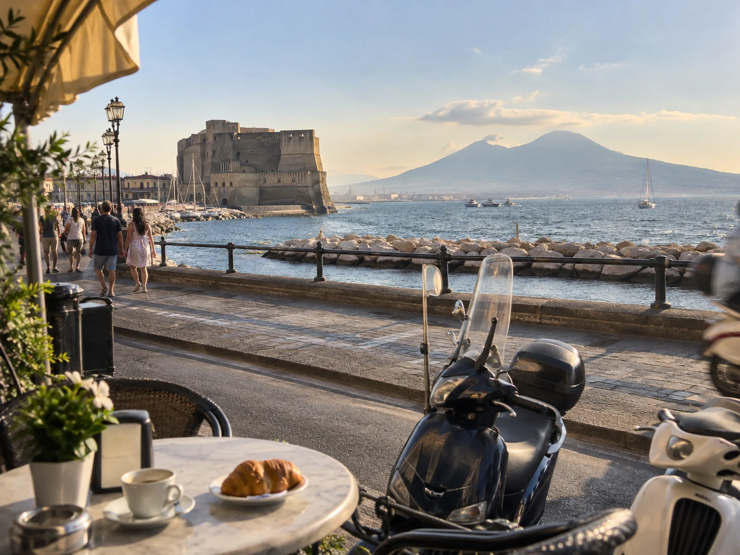 Naples waterfront overlooks the Bay of Naples and Mount Vesuvius.