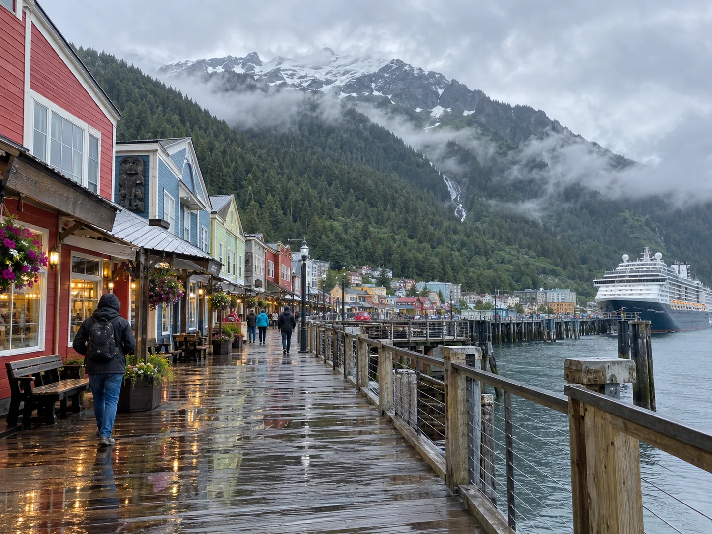 Juneau's wet waterfront sits beneath misty forested mountains in Alaska.