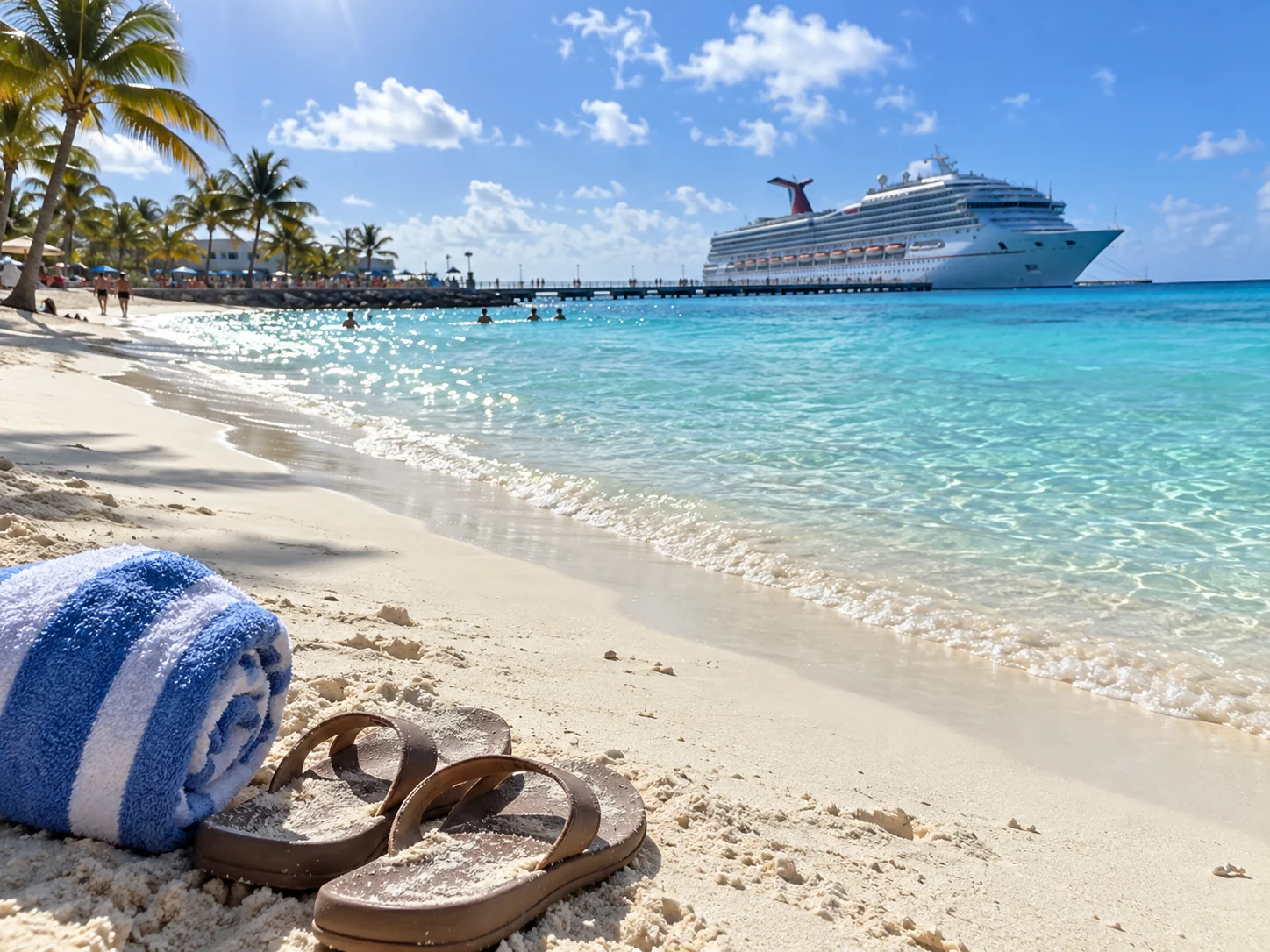 Clear turquoise water and pale sand stretch beside the Grand Turk cruise pier.
