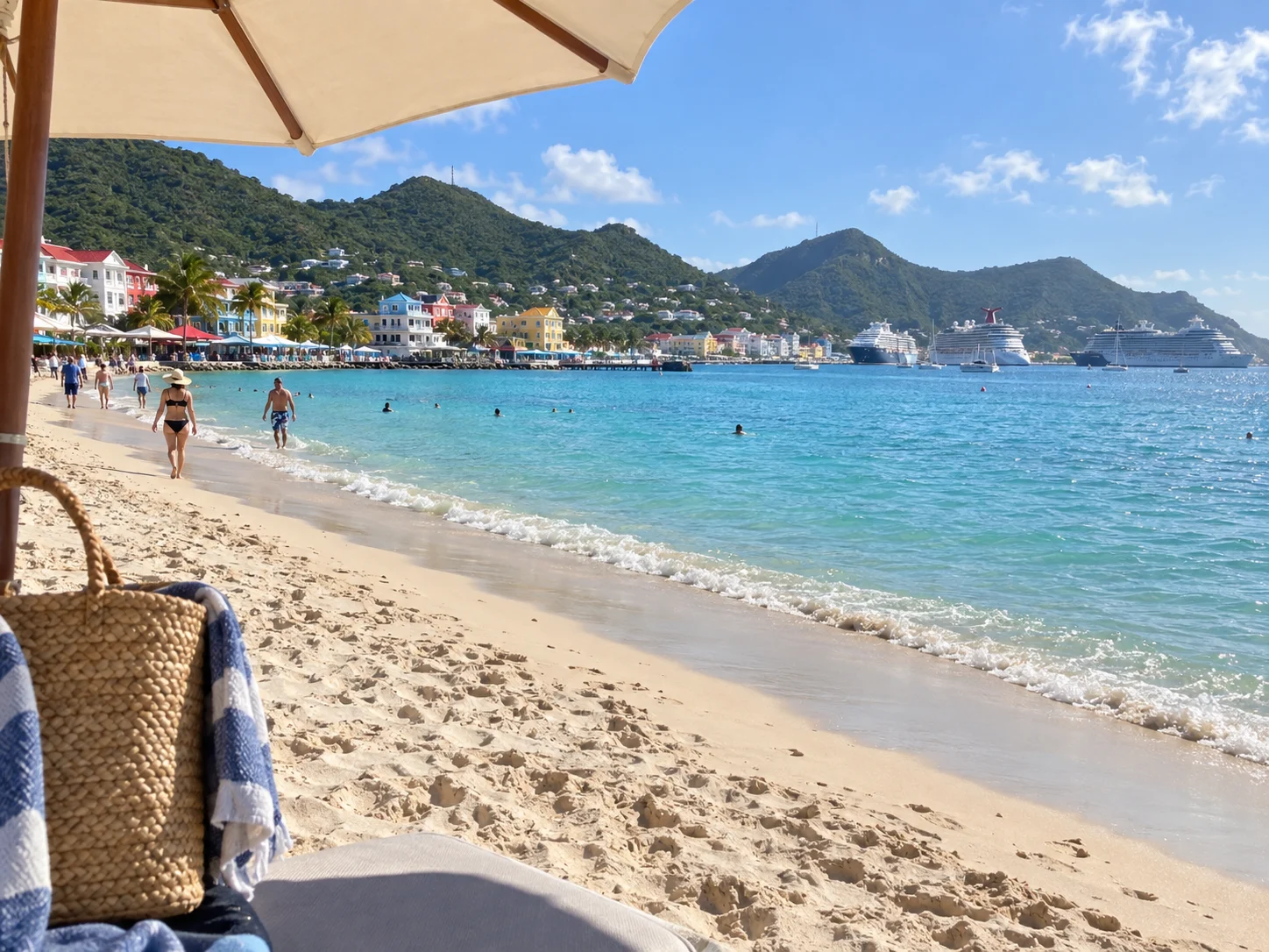 Great Bay's turquoise water fronts the beach and colorful buildings of Philipsburg.