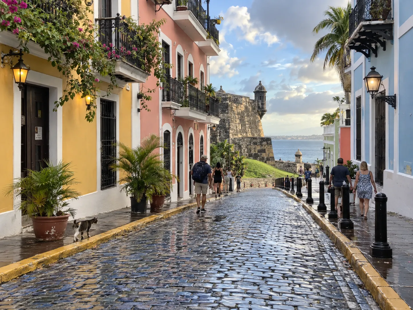 Wet blue cobblestones lead past colorful colonial buildings in Old San Juan.
