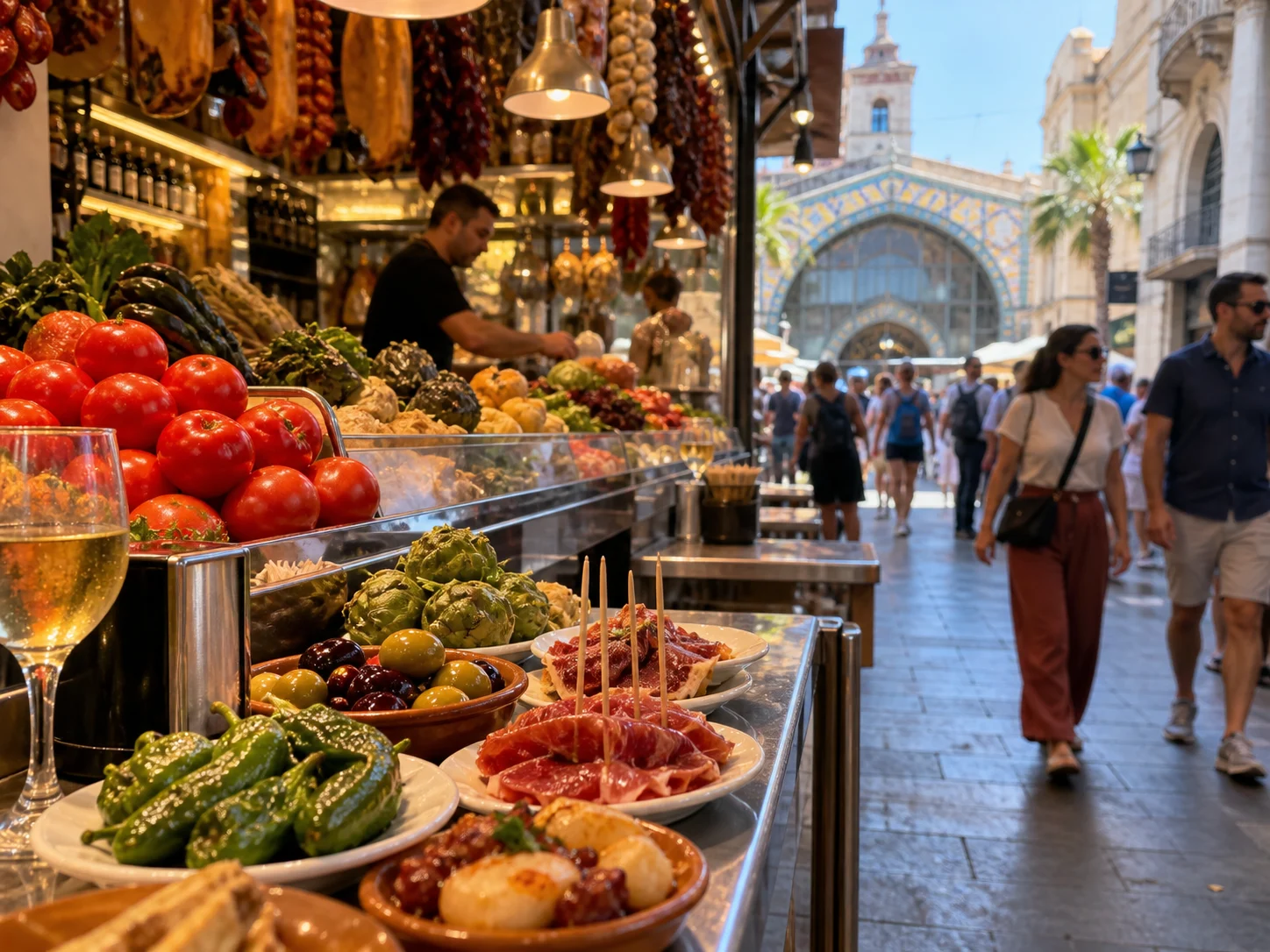 Colorful produce and tapas introduce a lively Barcelona market lane.