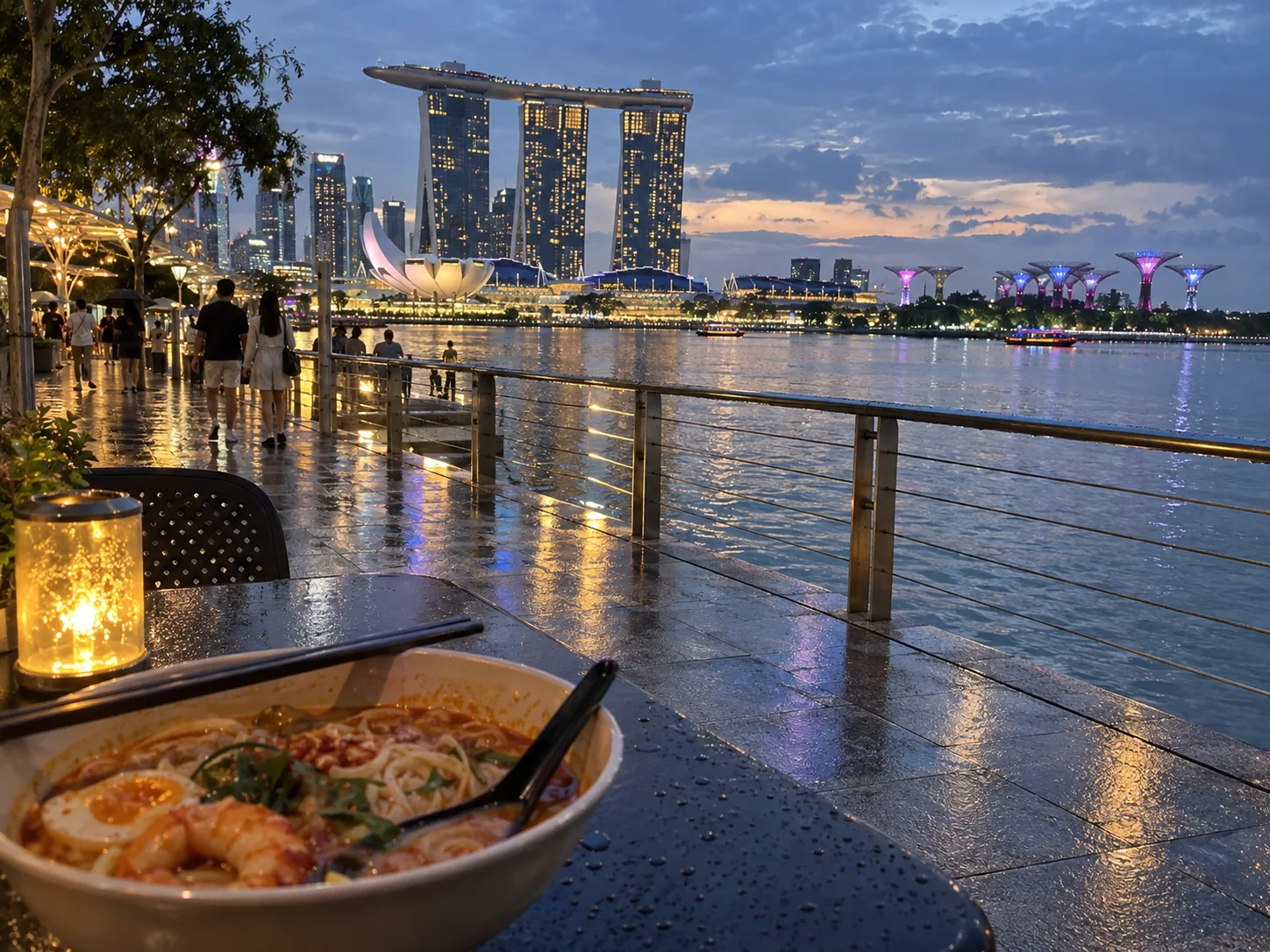 Singapore's futuristic waterfront reflects across Marina Bay at dusk.