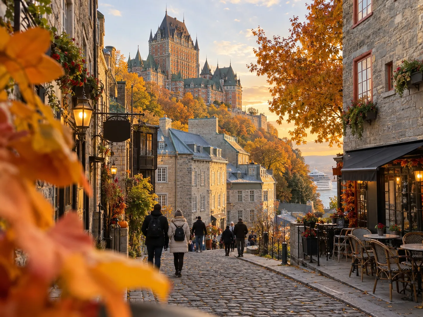 An autumn street climbs through Old Québec toward the Château Frontenac.