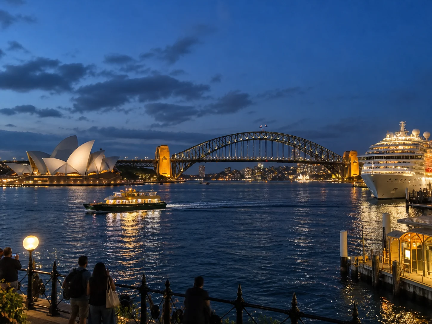 The Sydney Opera House and Harbour Bridge glow across the water at blue hour.