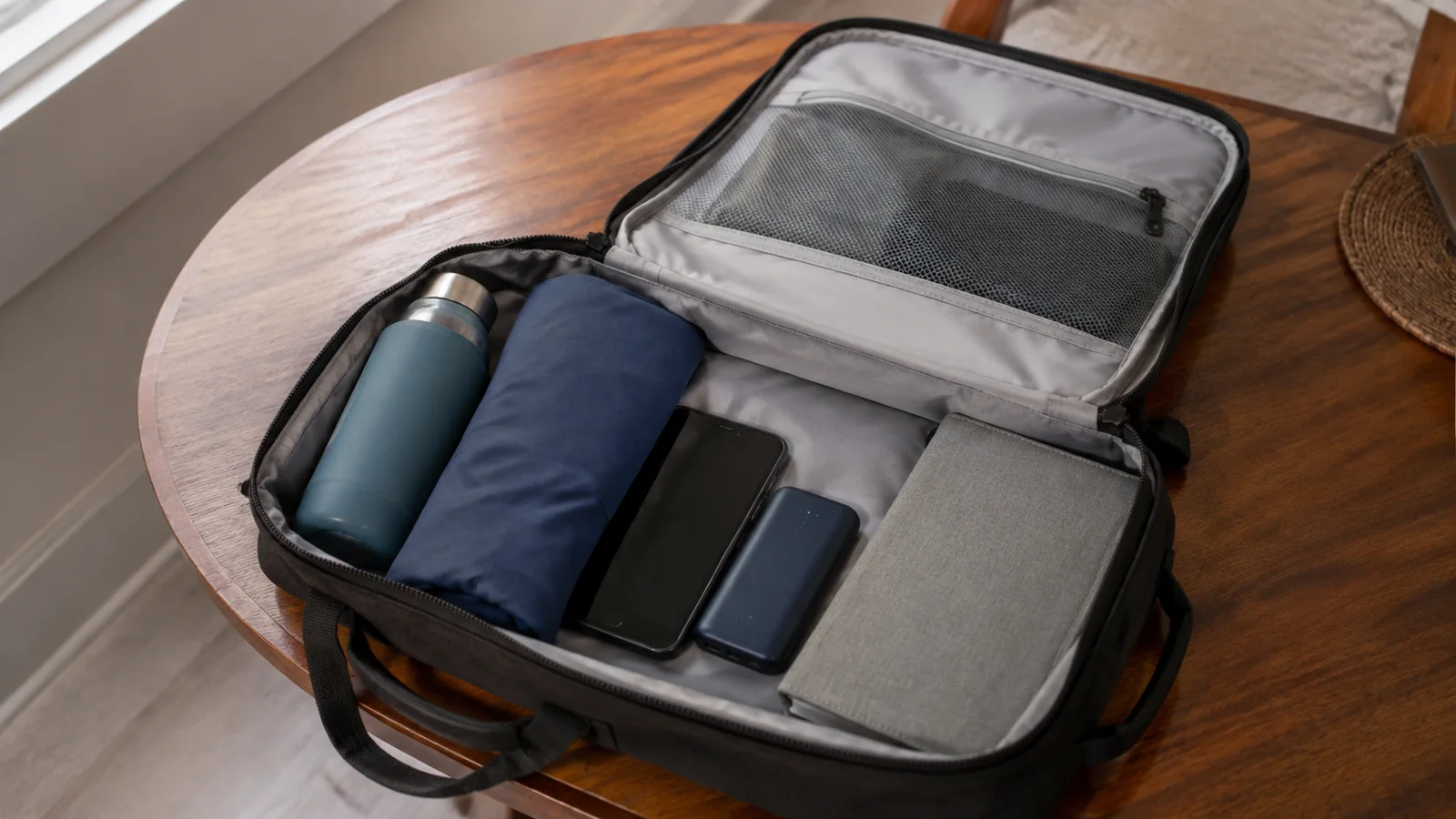 Open travel bag contains a bottle, folded clothing and electronic devices.