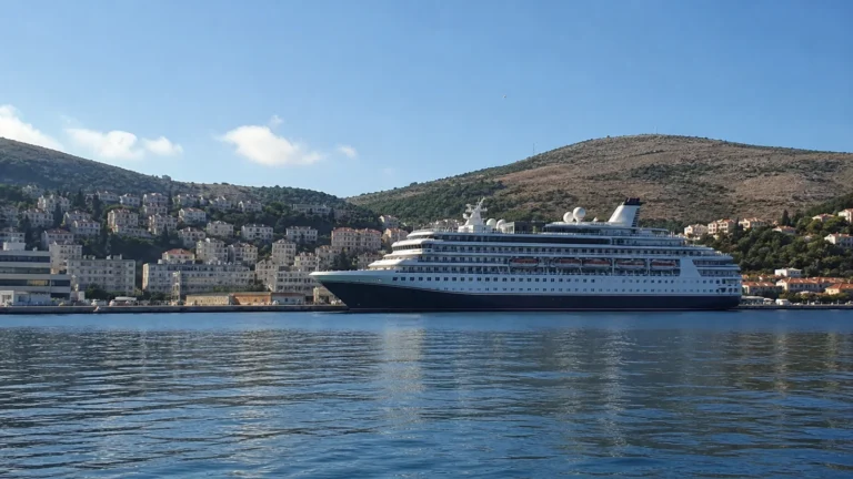 Cruise ship docked beside a hillside harbor under blue skies.