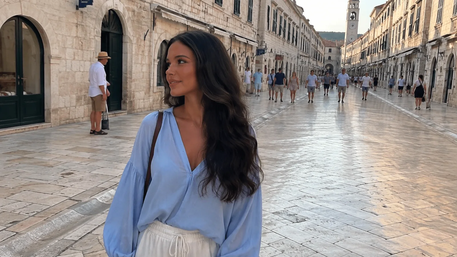 Woman walking along a broad stone street lined with historic buildings.