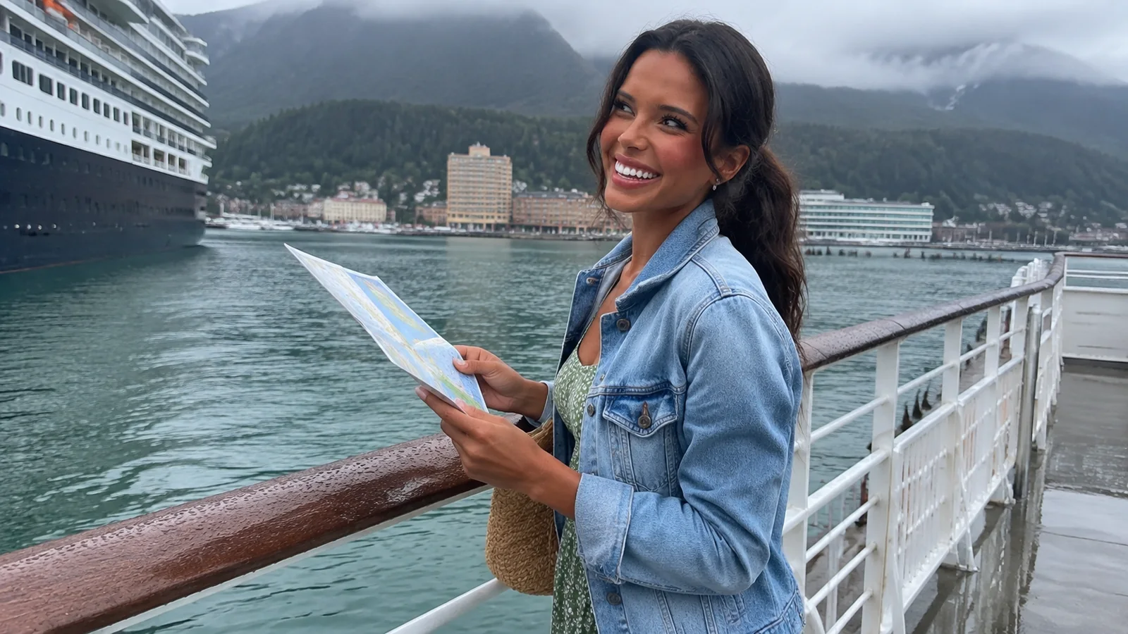 Woman holding a map on a cruise ship deck overlooking a harbor and another ship