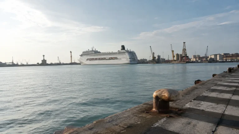 Cruise ship across an industrial harbor viewed from a stone quay.