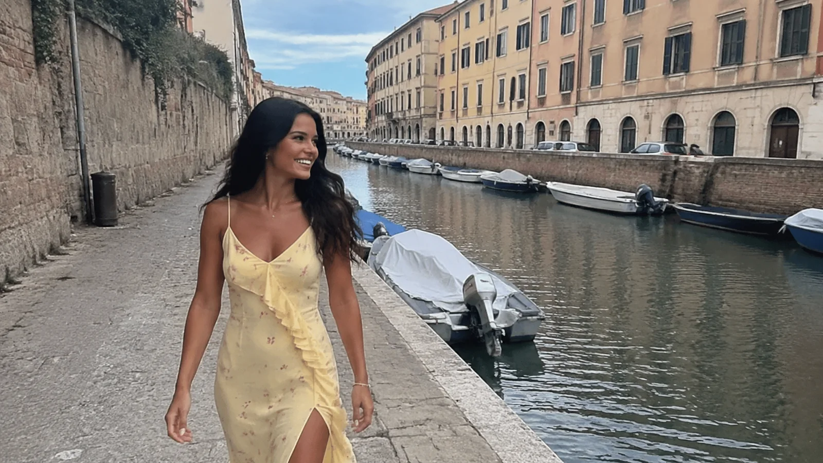 Woman walking beside a canal lined with stone walls and moored boats.
