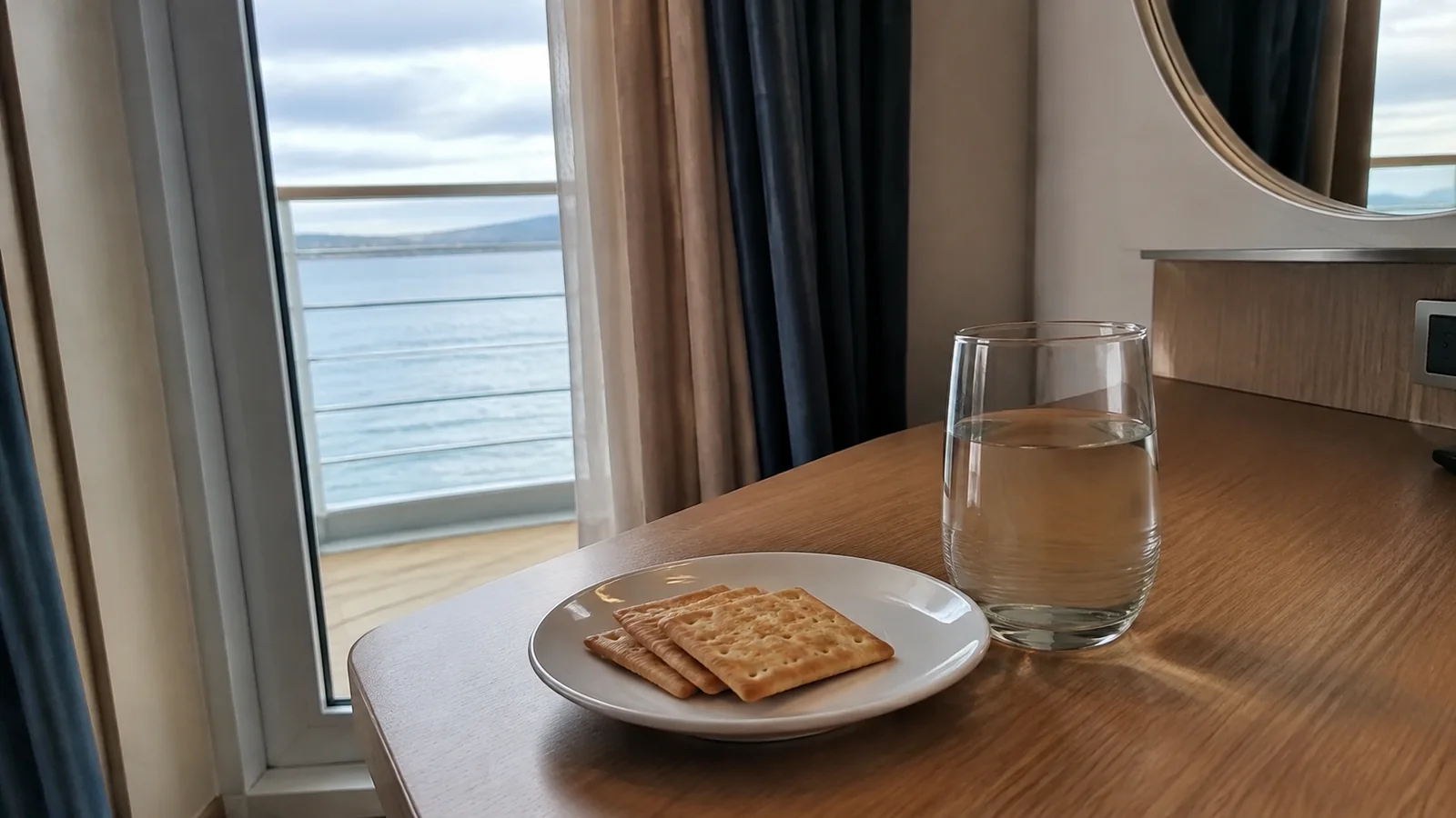 Plain crackers and a glass of water on a table beside an ocean window.