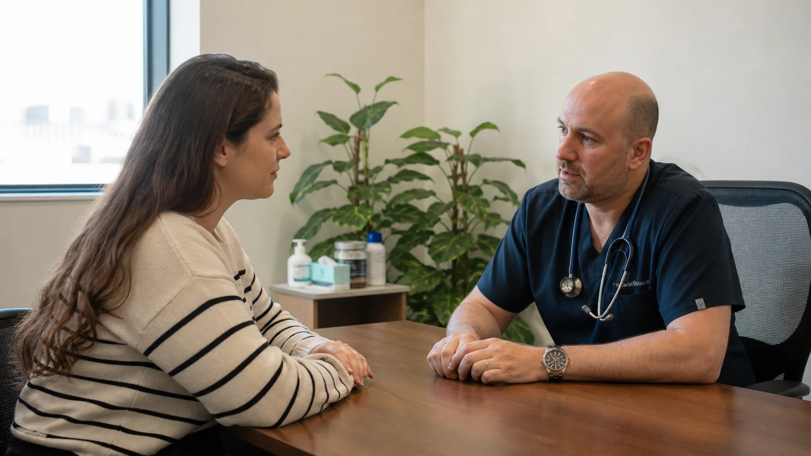 Woman speaking with a clinician across a desk in a consultation room.