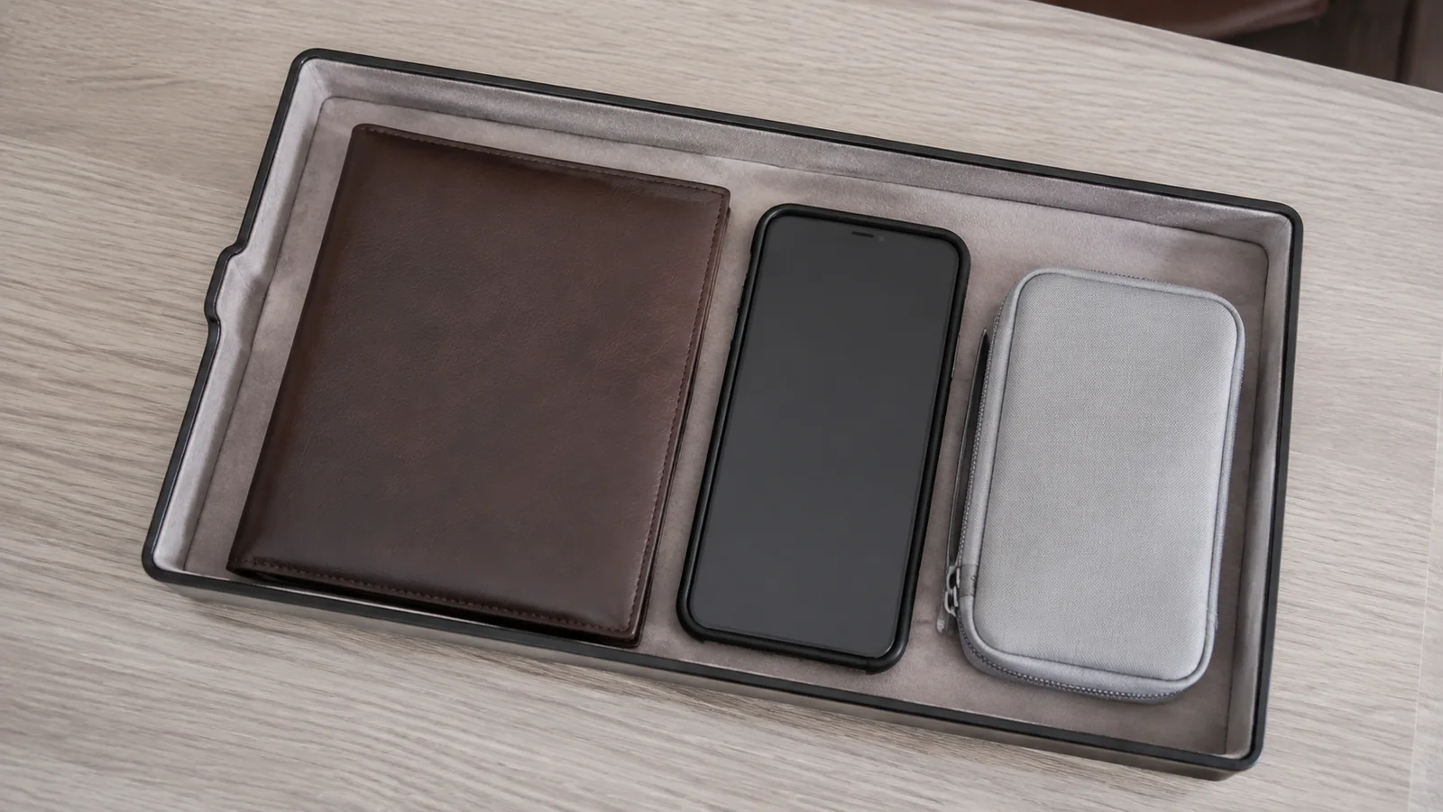 Phone and two rectangular cases rest in a security tray.