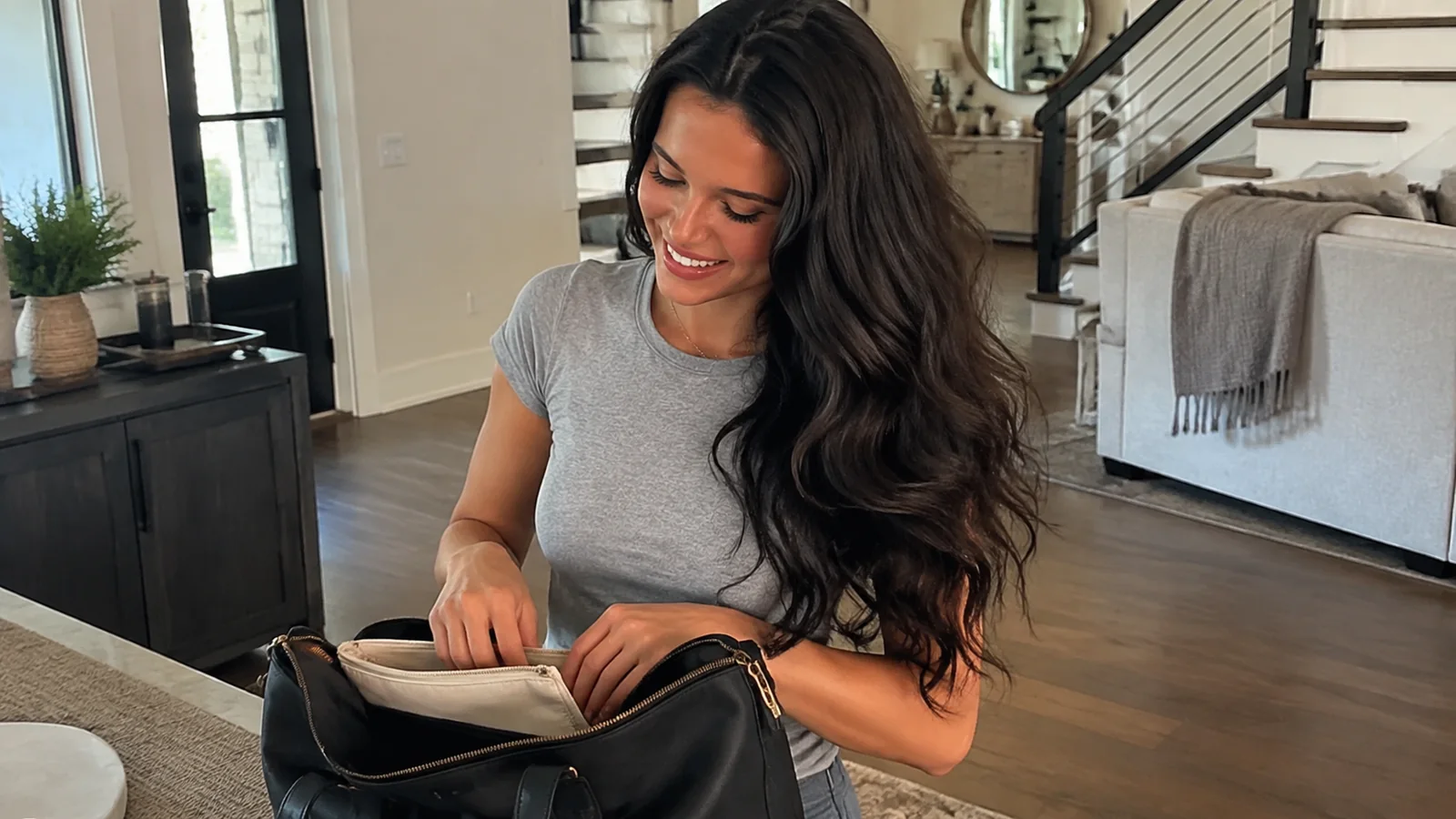 Woman organizes items inside a bag at a table.