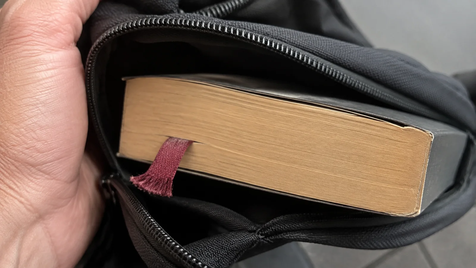 Paperback with a ribbon bookmark tucked into a zippered travel pouch.