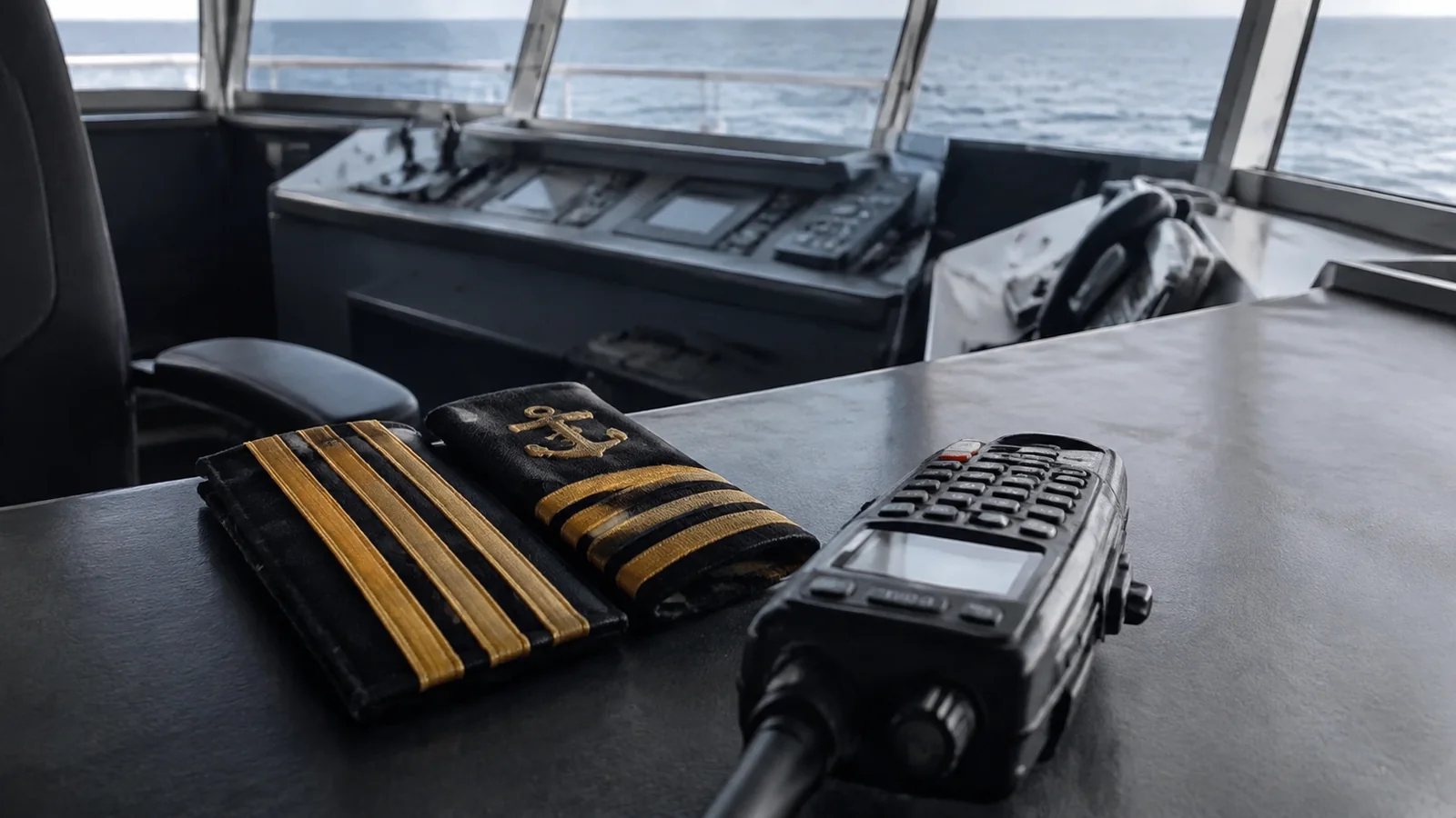 Gold-striped uniform epaulettes and a handheld radio beside bridge equipment.