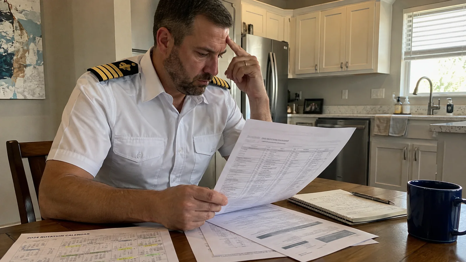 Uniformed officer reviewing paperwork at a table.